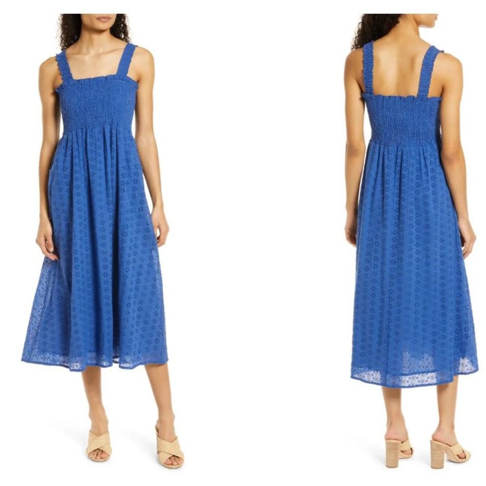 AREA STARS Camila Smocked Cotton Eyelet Sundress, BLUE Medium EYELET SUNDRESS